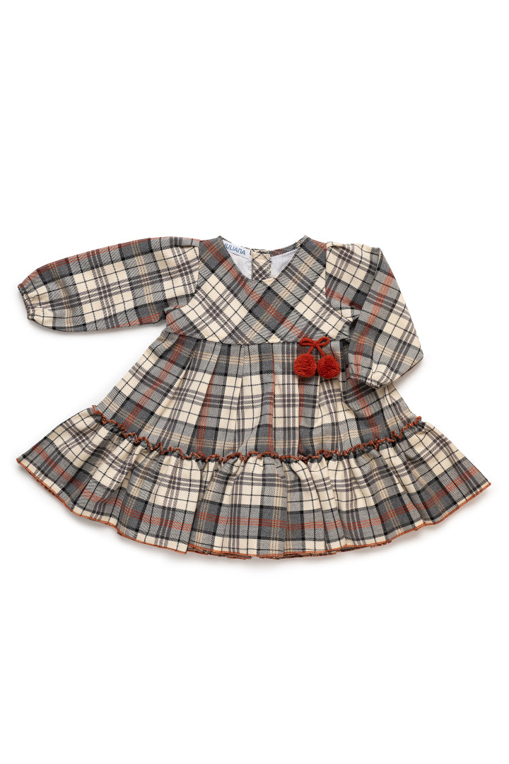 Vestido Xadrez com 2 Folhos, Laço e 2 Pompons