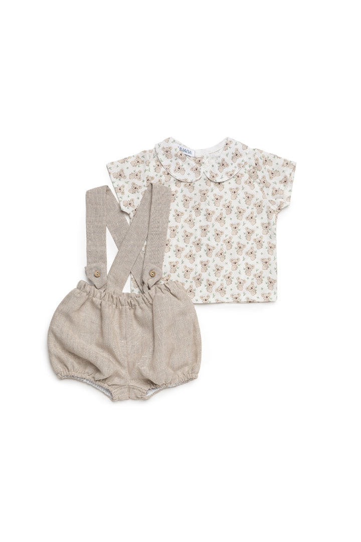 Jardineira em linho com camisa estampada com coala