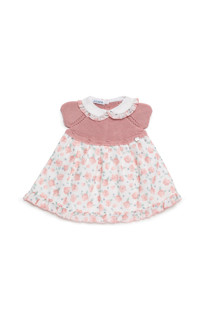 Vestido com corpete em malha floral e decote