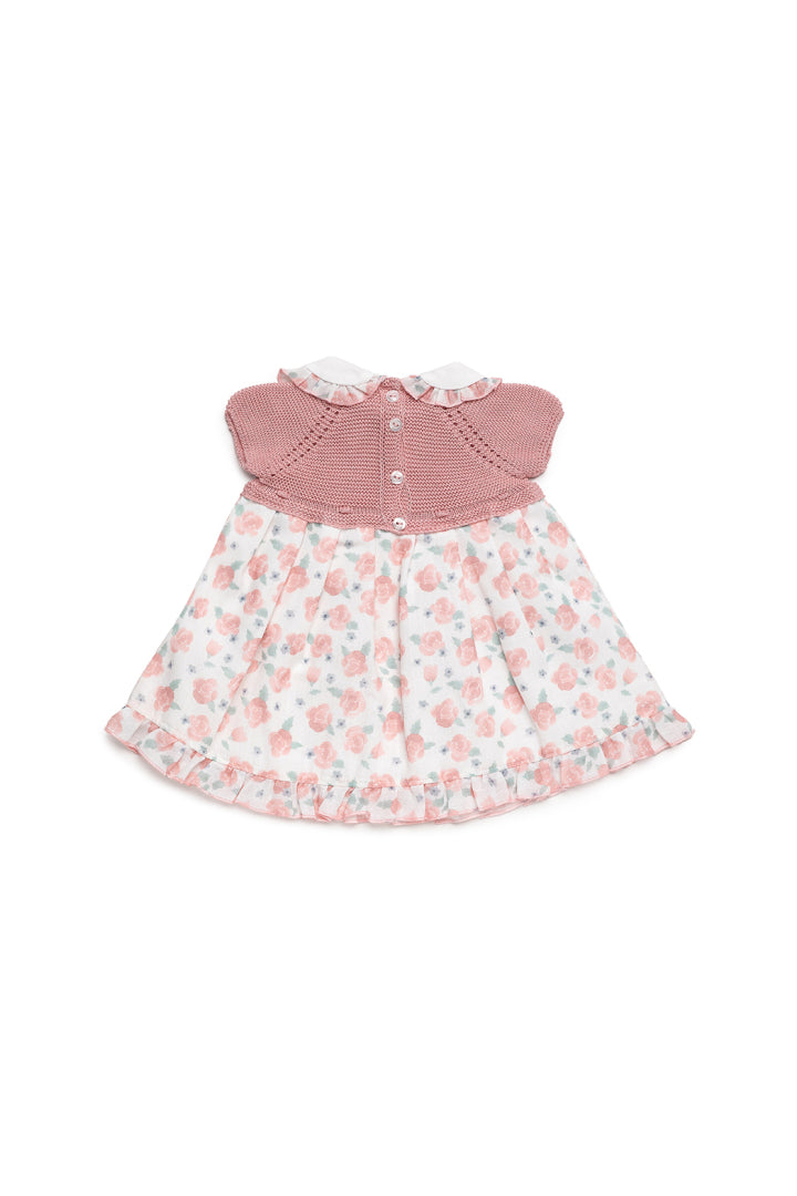 Vestido com corpete em malha floral e decote