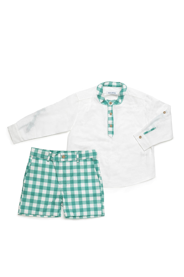 Conjunto de camisa xadrez de manga comprida para menino