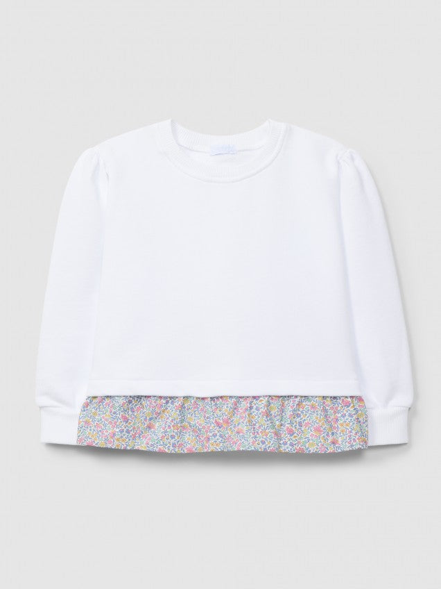 Camisola de felpa com detalhe de folho em tecido estampado
