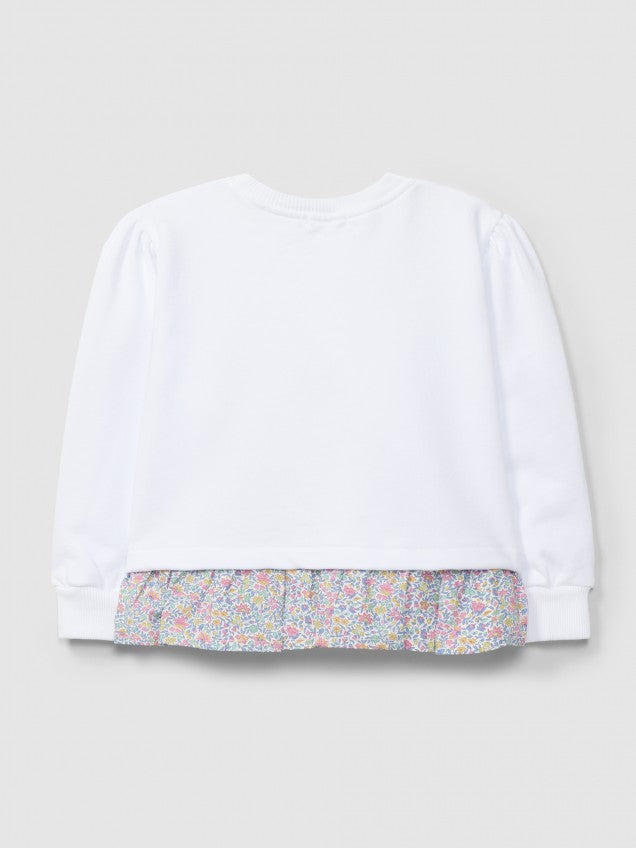 Camisola de felpa com detalhe de folho em tecido estampado
