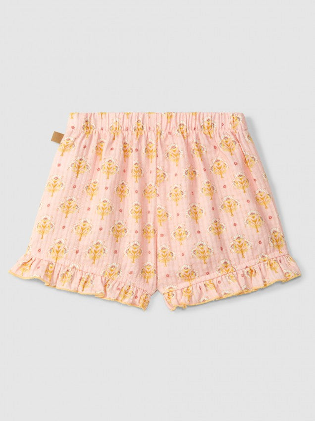 Calções pull-up estampado floral com detalhe de folho